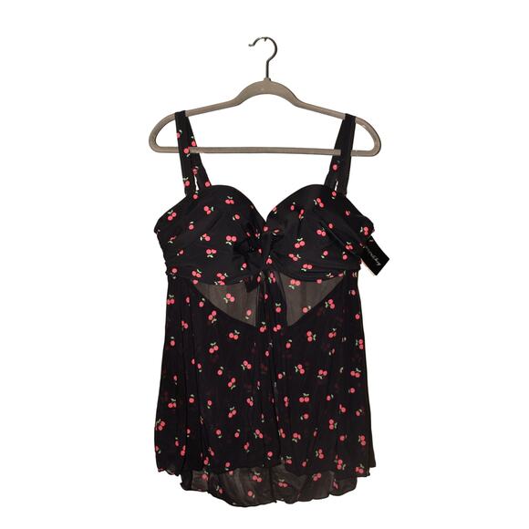 SMART & SEXY SWIM NEW‎ $27 Twist Bandeau Tankini Black Sweet Cherry 40D - Picture 1 of 3